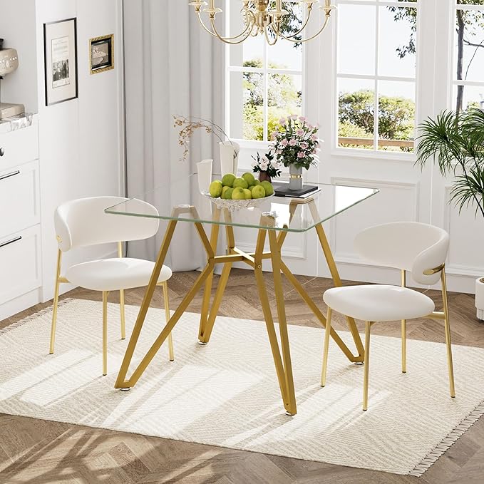 35.4" Square Glass Dining Table for 4, Modern Tempered Glass Kitchen Table for 4 with Gold Metal Legs, Compact Small Circle Dining Room Leisure Tables for Kitchen Apartment