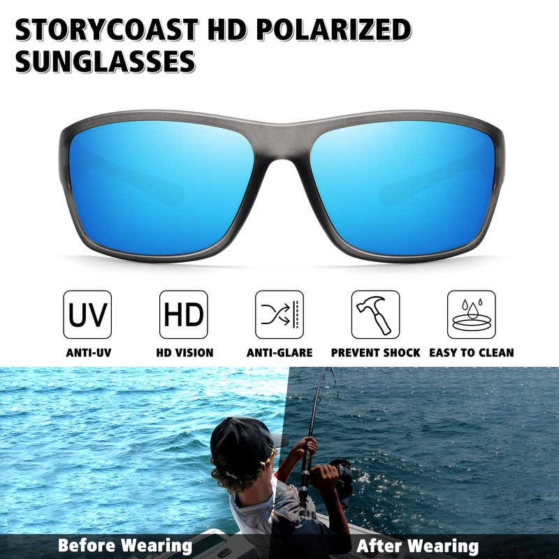STORYCOAST Polarized Sports Sunglasses for Men Women Unbreakable Frame Cycling Fishing Driving 2Pack Black+Clear Gray Frame/Blue Mirror Lens