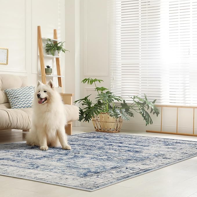 Lahome Vintage 8x10 Rugs for Living Room, Large Washable Rug for Bedroom Office, Boho Distressed Dining Room Rug Soft Stain Resistant Low Pile Accent Carpet for Home Playroom (8'x 10', Blue)
