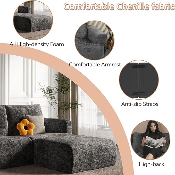 EASE MOOSE Sectional Cloud Couch for Living Room, Modular Boneless Sofa L-Shaped, Modern Cloud Sofa Set with Fluffy Foam, Oversized 4-Seater Comfy Sofa with Ottoman for Bedroom, Chenille (Dark Grey)