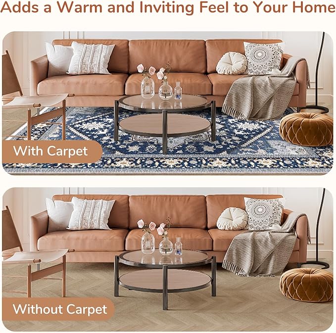 OPPODREAM Thin Round Rug 5ft, Washable Circle Rug 5ft with Non Slip Backing Play Room, Low-Pile Carpet 5 ft, Faux Cashmere Throw Carpet, Navy Blue & Gold