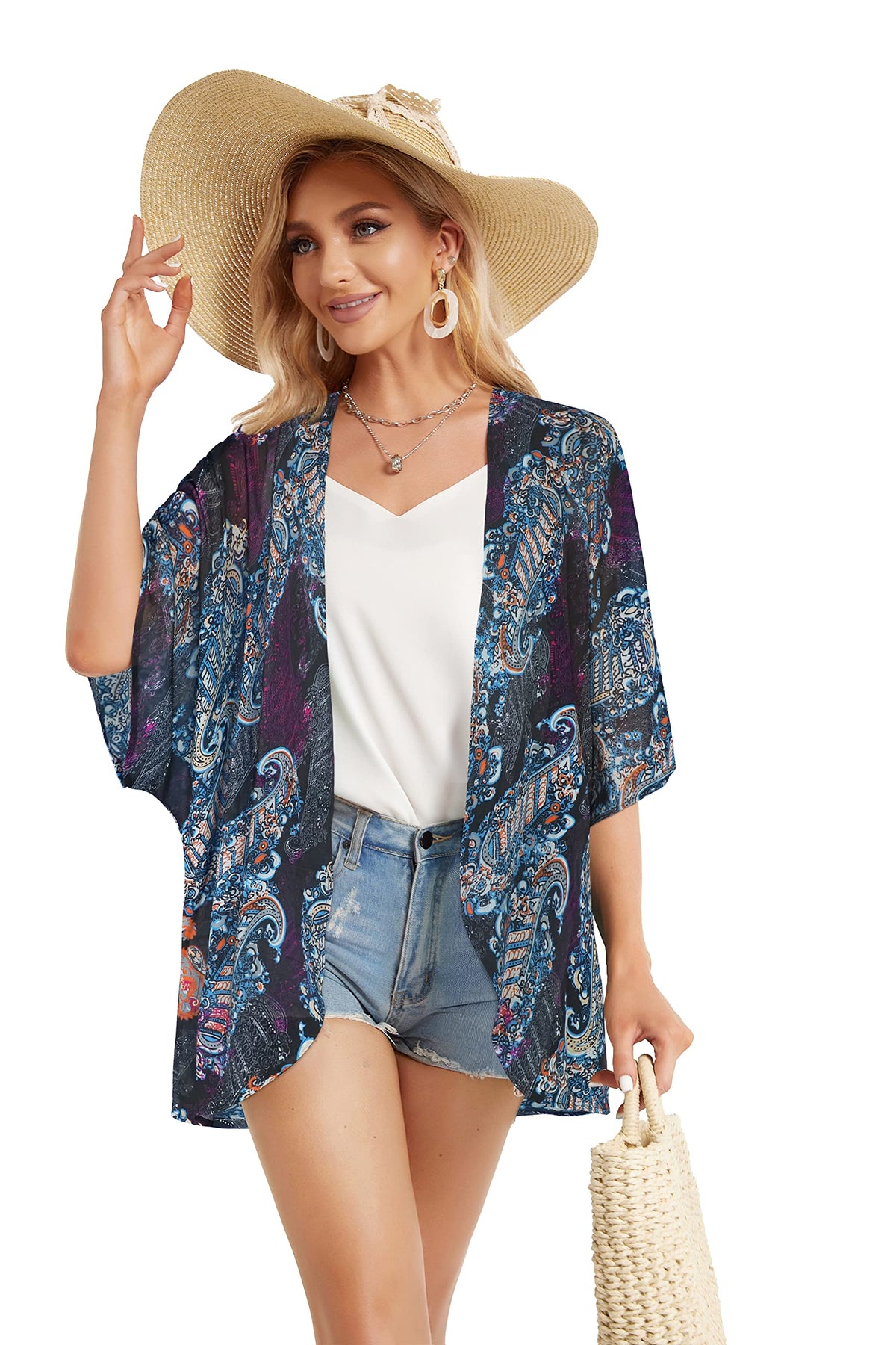 Summer Kimono Cardigan for Women Sheer Light Tops Casual Open Front Swimwear Shirts Beach Cover ups (Boho Purple,XL)