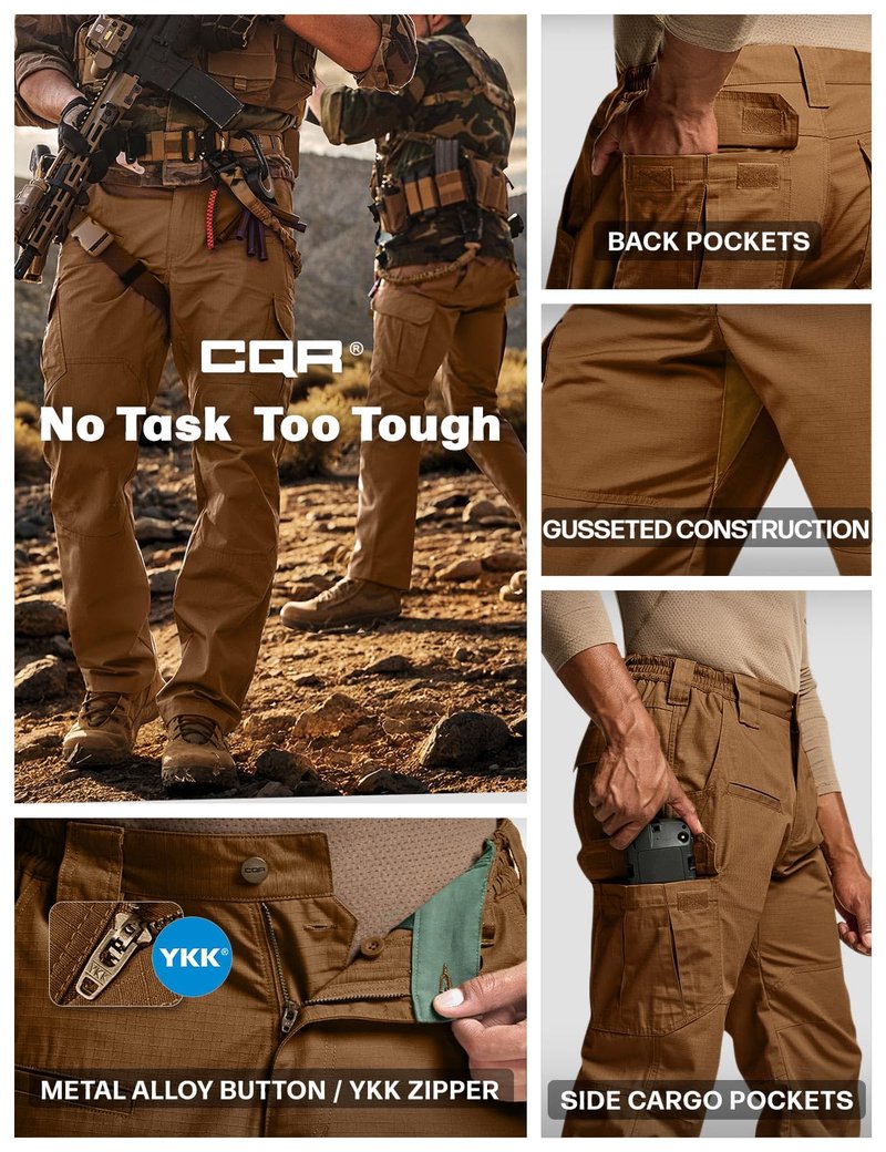 CQR Men's Tactical Pants, Water Resistant Ripstop Cargo Pants, Lightweight EDC Work Hiking Pants, Outdoor Apparel, Raider Copper Brown, 44W x 32L