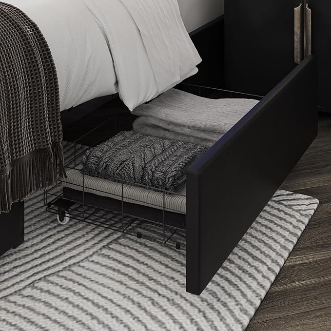 Keyluv King Size Bed Frame with RGB LED Lights & 2 Storage Drawers, Modern Upholstered Platform Bed with Iron Metal Decor, USB Charging Ports, Black
