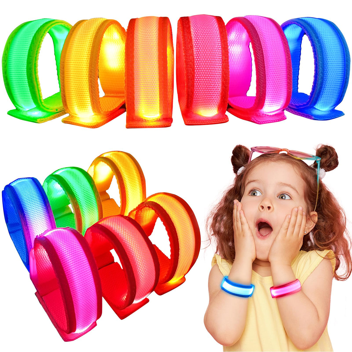 GIFTINBOX 12/6 PCS LED Light Up Bracelets for Kids Adults, LED Glow Flashing Arm Wrist Bands, Glow in The Dark Party Supplies for Night Events, Festivals. Party Favors For Concerts Rave Sports