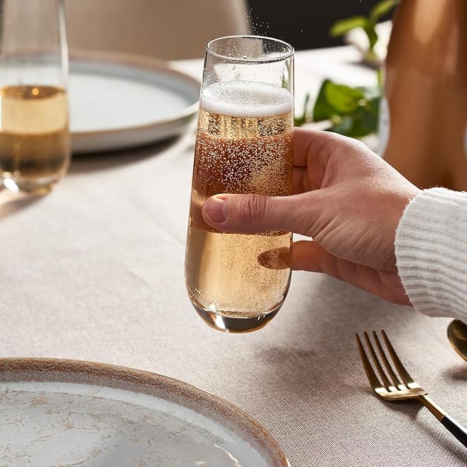 GLING [9.4 oz. - Set of 8 Stemless Champagne Glasses, Flute Crystal Glass Cups, Cocktail Glass Set - Great for Parties, Weddings and All Occasions
