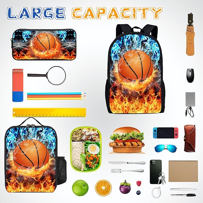 3PCS Basketball Backpack Set for Boys, Lightweight Large Backpack with Lunch Box & Pencil Case, Cool Sport Bookbag for Kids, Back to School Backpacks for Elementary & Middle School - 01