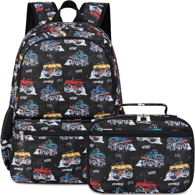 DSIUE School Backpack for Boys, Boys Backpack for Kids Children Teens Elementary Middle School With Lunch Box (Monster truck Black)