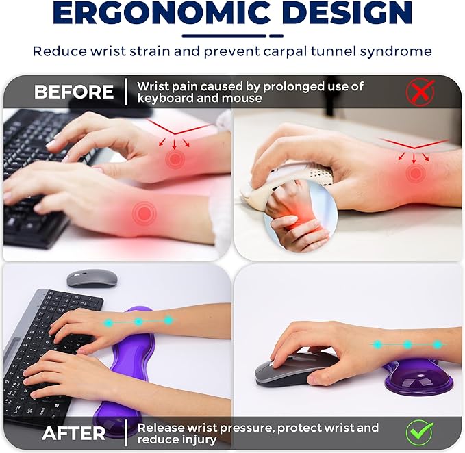 Gel Wrist Rest for Keyboard and Mouse, Wrist Rest for Keyboard, Mouse Wrist Support, Pain Relief, Cool Touch, Non-Skid, Mouse Wrist pad