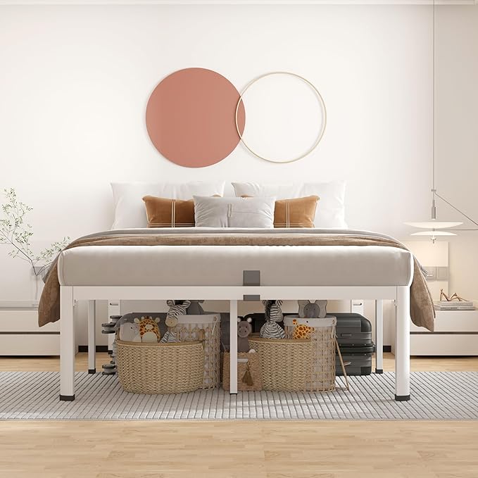 ROIL 18 Inch White California King Bed Frame with Rounded Corner and Headboard Hole Mattress Retainers 3500LBS Heavy Duty Steel Slats No Box Spring Needed Platform Noise-Free Easy Assembly