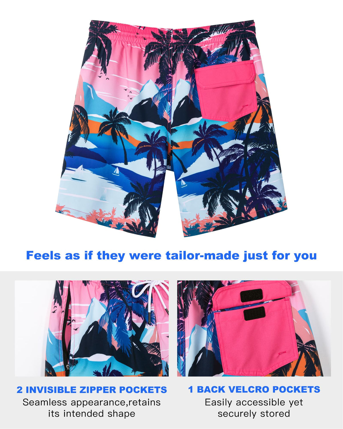 SURF CUZ 9" Mens Swim Trunks with Compression Liner Swimming Shorts 2 in 1 Stretch Quick Dry Zipper Pockets,Paradise Palms,L