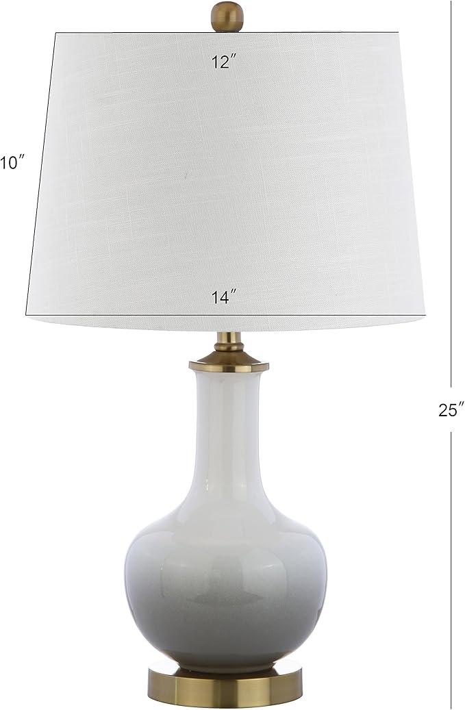 JONATHAN Y 25" White/Gray Gradient Ceramic Table Lamp, Brass Base LED Lamp for Bedside Nightstand Living Room, White Linen Drum Shade, Midcentury Decor (JYL3019B)