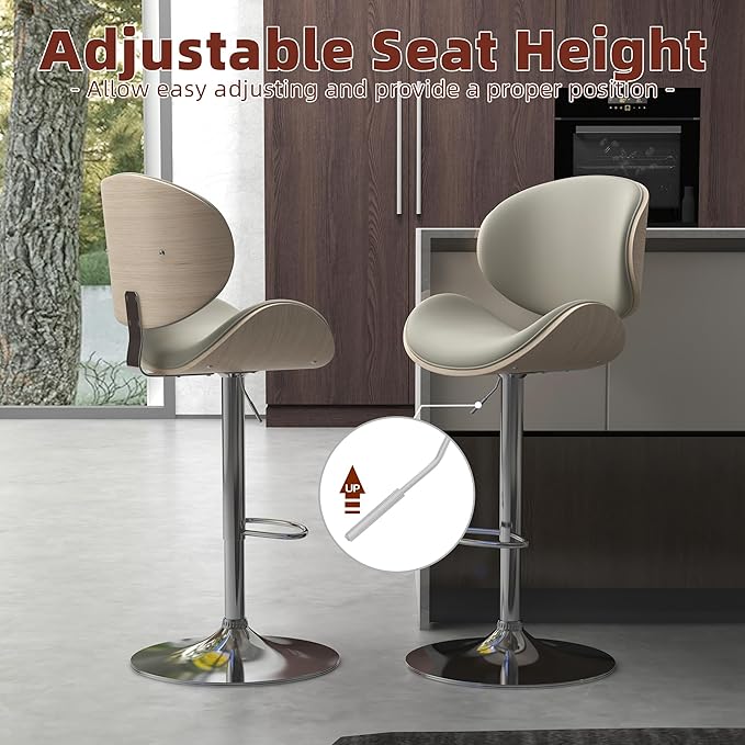 civama Bar Stools Set of 4 for Kitchen Counter, Adjustable Bar Height Chairs, Modern Swivel Barstools with Bentwood Seat and Back with Footrest for Kitchen Island, Dining Room, Grey PU Leather