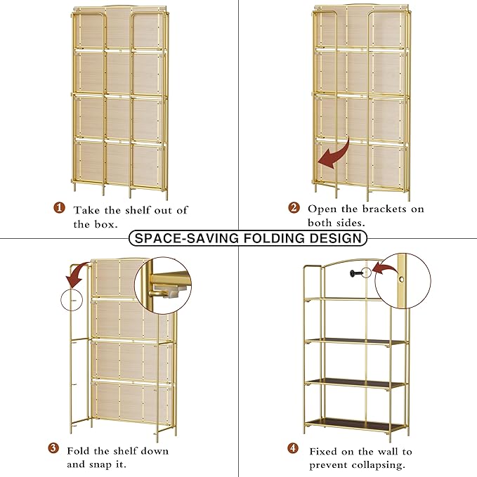 Crofy No Assembly Folding Bookshelf for Living Room, 4 Tier Gold Collapsible Book Shelf for Home Office, Portable Bookcase Storage Organizer