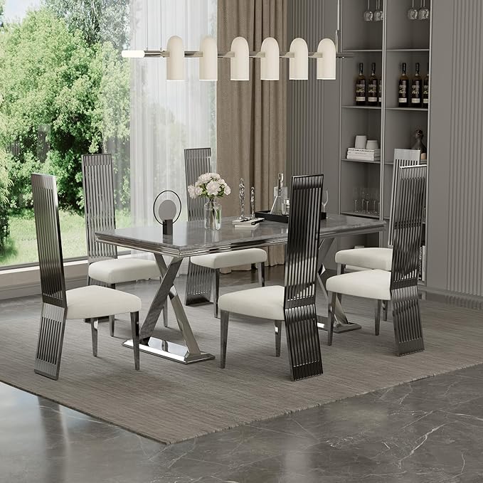 Modern Dining Chairs Set of 6, White Boucle Dining Room Chairs with Silver Polished Stainless Steel Legs, Upholstered Chairs with High Back and Metal Legs for Kitchen/Living Room/Restaurant