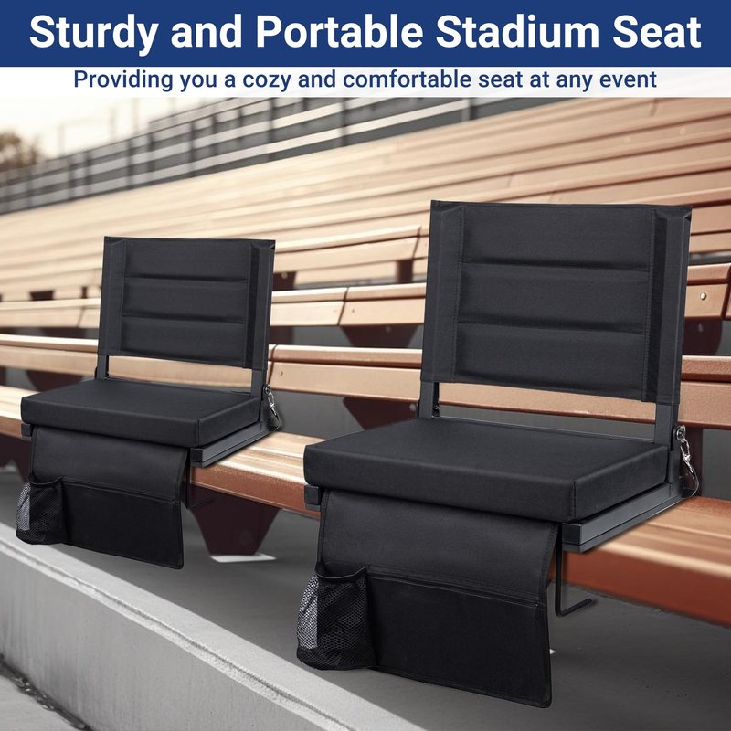 Maeytau Stadium Seats for Bleachers with Back Support, Portable Bleacher Seats with Thick Padded Cushion and Shoulder Strap, Wide Stadium Seat Chair Includes Hooks, Cup Holder and Side Pocket, 2-P
