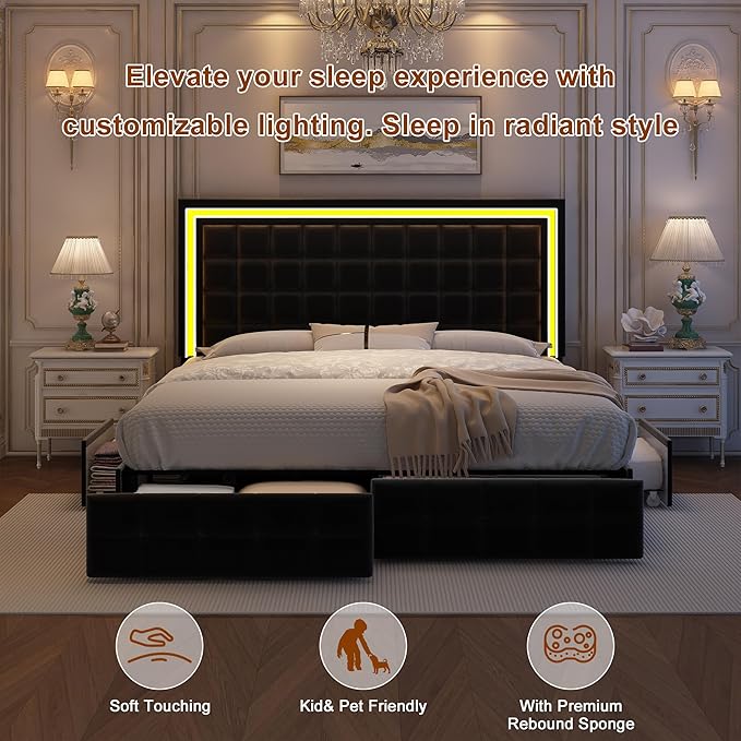 Queen Bed Frame with LED Lights & Storage Drawers, No Box Spring Needed, Heavy Duty 900lbs Weight Capacity, Easy Assembly, Modern Upholstered Platform Bed, Velvet Black