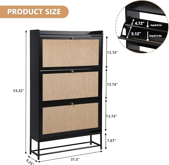 LEVNARY Shoe Cabinet for Entryway, Slim Shoe Cabinet with 3 Flip Drawers Narrow Shoe Storage Cabinet, 4 Tier Freestanding Shoe Organizer for Entryway, Hallway (2, Black)