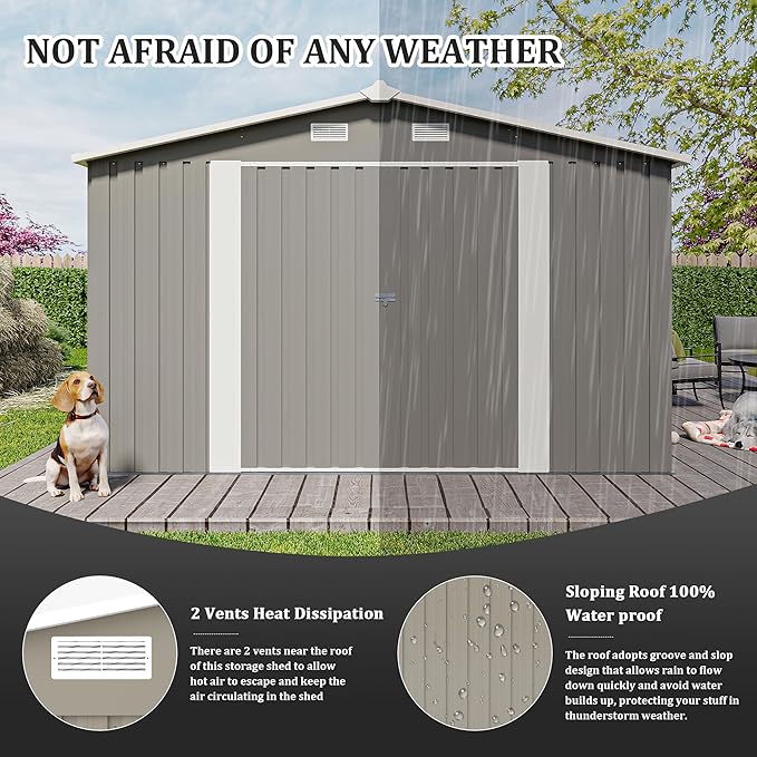 10 x 14 FT Outdoor Storage Shed, Metal Garden Tool Shed with Slooping Roof, Lockable Doors, All-Weather Bike Shed Easy to Assemble for Backyard, Patio, Lawn, Grey