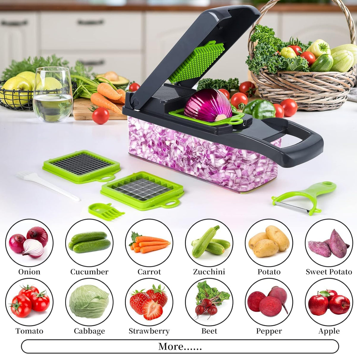 Vegetable Chopper, Pro Onion Chopper, 14 in 1Multifunctional Food Chopper, Kitchen Vegetable Slicer Dicer Cutter,Veggie Chopper With 8 Blades,Carrot and Garlic With Container (Gray) (Gray)