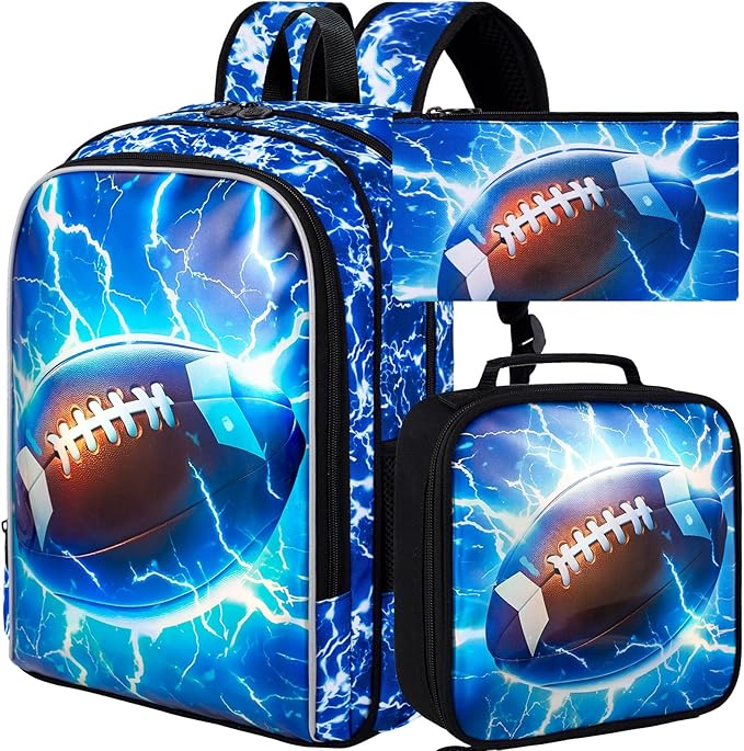 KLFVB 3PCS Kids Bookbag, 17" Boys Backpack and Lunch Box, Water Resistant Teenagers School Bag for Middle Elementary - Lightning Rugby