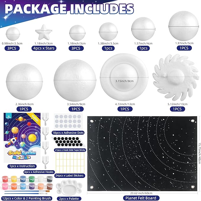 Solar System Project Kit for Kids, Solar System Model Toy Kit for Kids, Learn School Space Planet Science Project of Mix Foam Balls, Planet Felt Board, Brushes, Adhesive Hooks, Instruction