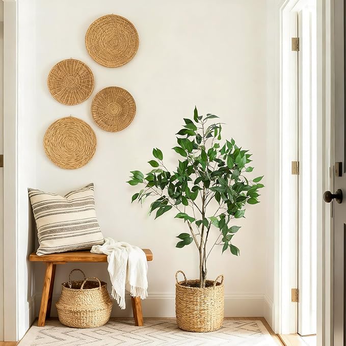 4FT Ficus Trees Artificial Indoor, Faux Silk Plant with Natural Wood Trunk and Lifelike Fruits, Black Imitation Ceramic Planter with Green Fake Moss for Modern Home Office Living Room Decor