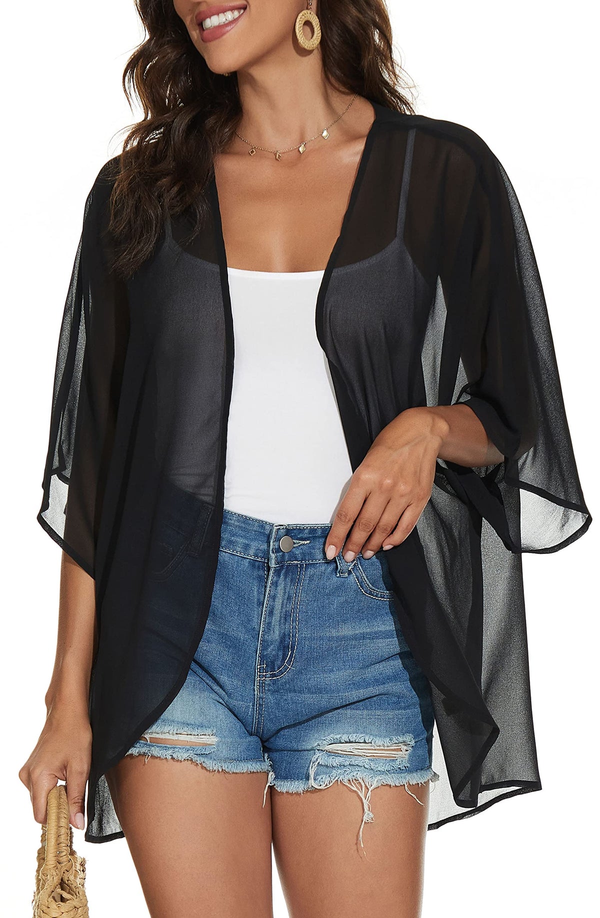 Women Summer Tops Kimono Cardigans Sheer Beach Cover Ups Chiffon Open Front Shirts （Black,L)