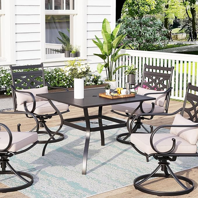 PHI VILLA 37" Metal Steel Slat Patio Dining Table Square Backyard Bistro Table Outdoor Furniture Garden Table, 1.57” Umbrella Hole, Black