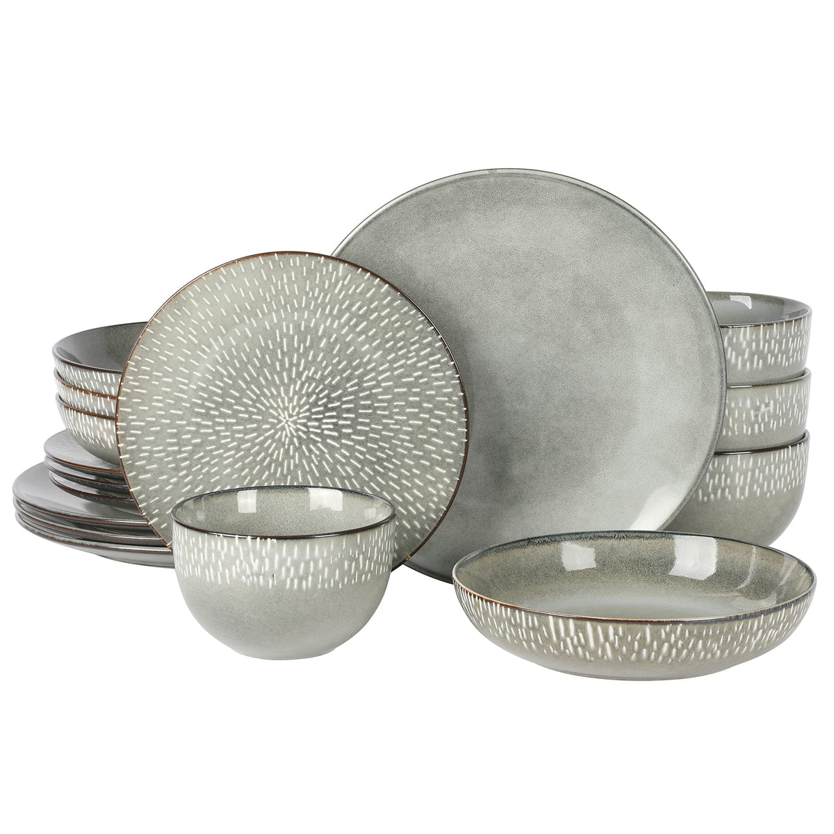 Gibson Elite Gelston Stoneware Matte Reactive Glaze 16 Piece (Service for 4) Plates and Bowl Dinnerware Set - Grey