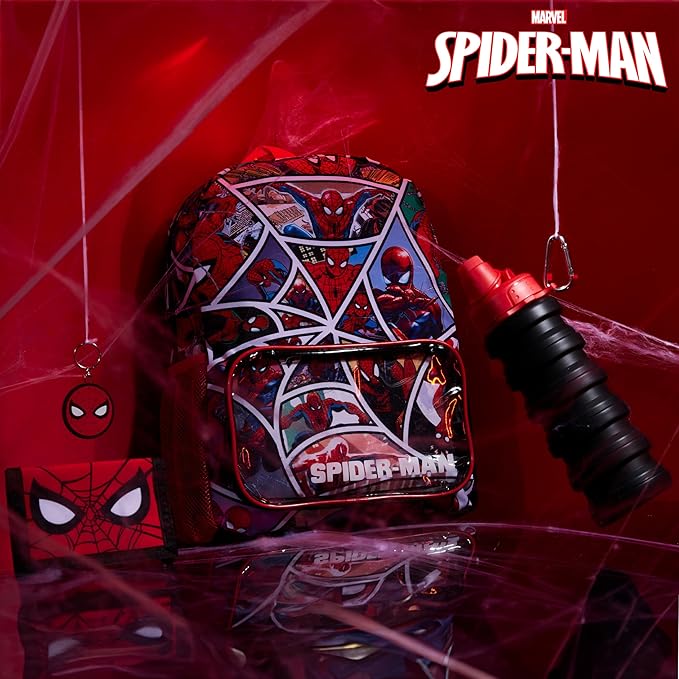 Marvel Spiderman Backpack Set 4 Pcs Water Bottle Pencil Case Lunch Bag or Wallet Key Ring School Supplies Gifts for Kids (Spiderman)