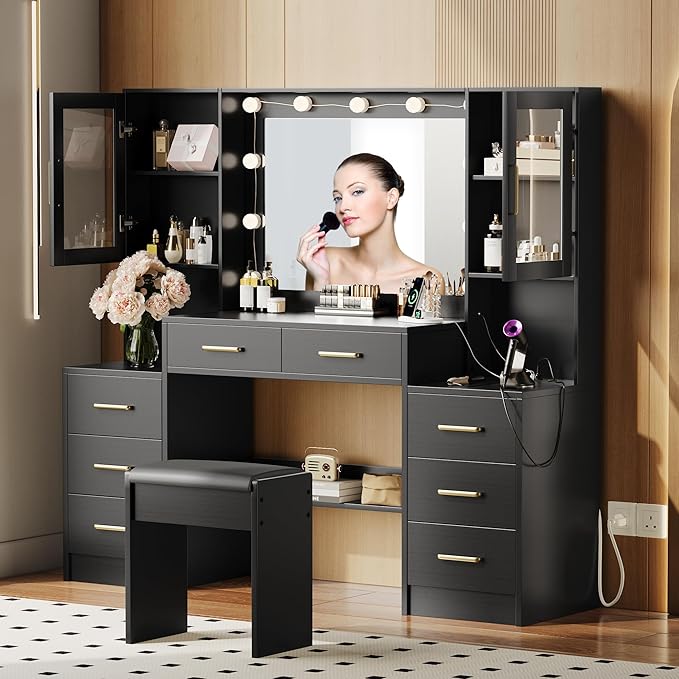 58.3" Black Vanity Desk with Mirror, Lights and Charging Station, 3 Lighting Modes Makeup Desk with 8 Drawers, 2 Cabinets and Lots Storage, Dressing Table Vanity Set for Girls