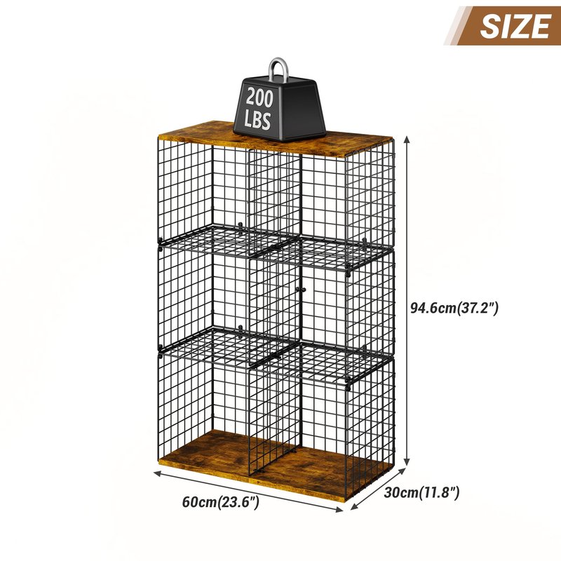 Free-standing Sturdy Tall 6-Cube Closet Organizer Storage Wire Basket Shelf with Wood Top for Wardrobe Bedroom Closet, Stackable Space-saving Clothing Shelves for Clothes, Sweaters, Pants, Handbags