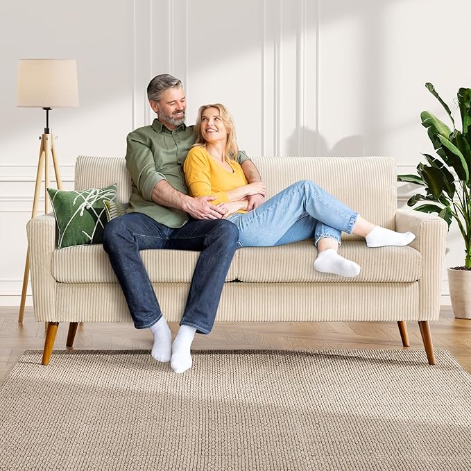 WEUP 68" Loveseat Sofa Beige Corduroy Couch, Mid Century Modern Love Seat Couches for Living Room, Small Loveseat for Bedroom Office, Comfy Sofa with Spring Cushion, Solid Wood, Tool-Free Assembly