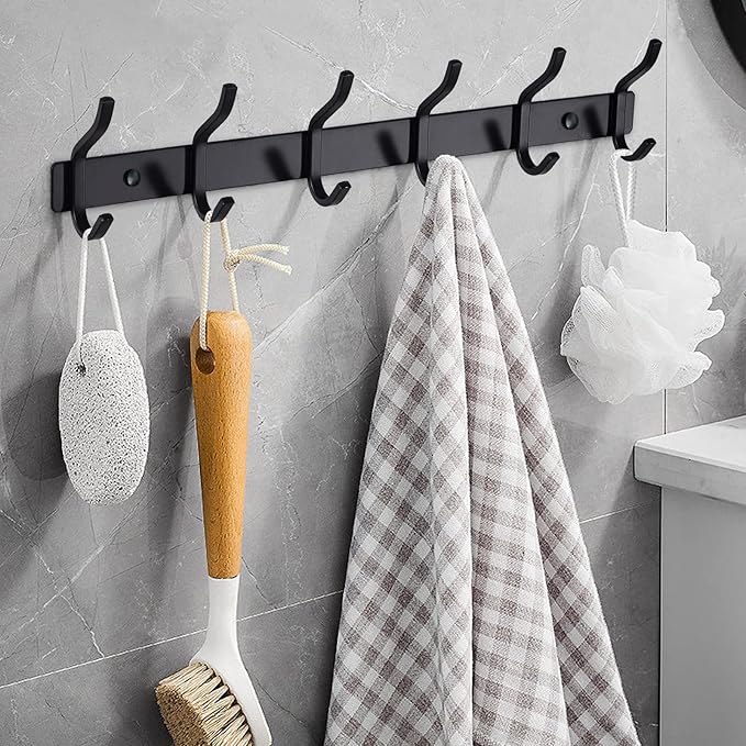 HAMUTH Wall Hooks Heavy Duty, 17 Inch Coat Rack Wall Mount with 6 Hooks, Black Wall Hooks for Entryway, Bathroom - for Hanging Backpack, Bag, Coat, Purse, Hat, Towel, Clothes,2 Packs
