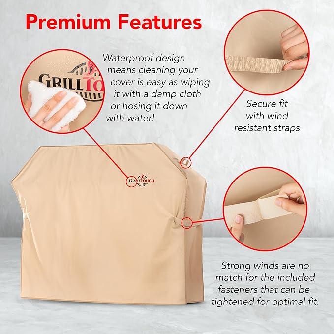 GrillTough Heavy Duty BBQ Grill Cover for Outdoor Grill, 52 Inch – Waterproof, Weather Resistant, UV & Fade Resistant with Adjustable Straps – Gas Grill Cover for Weber, Genesis, Charbroil, etc. Tan