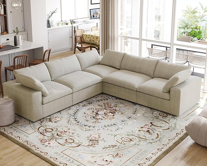 JACH V-Shaped Sectional Couch, Deep 5-Seats Convertible Sectional Sofa, Cushion Covers Removable, Modern Modular Sofas for Living Room/Bedroom/Apartment (Khaki)