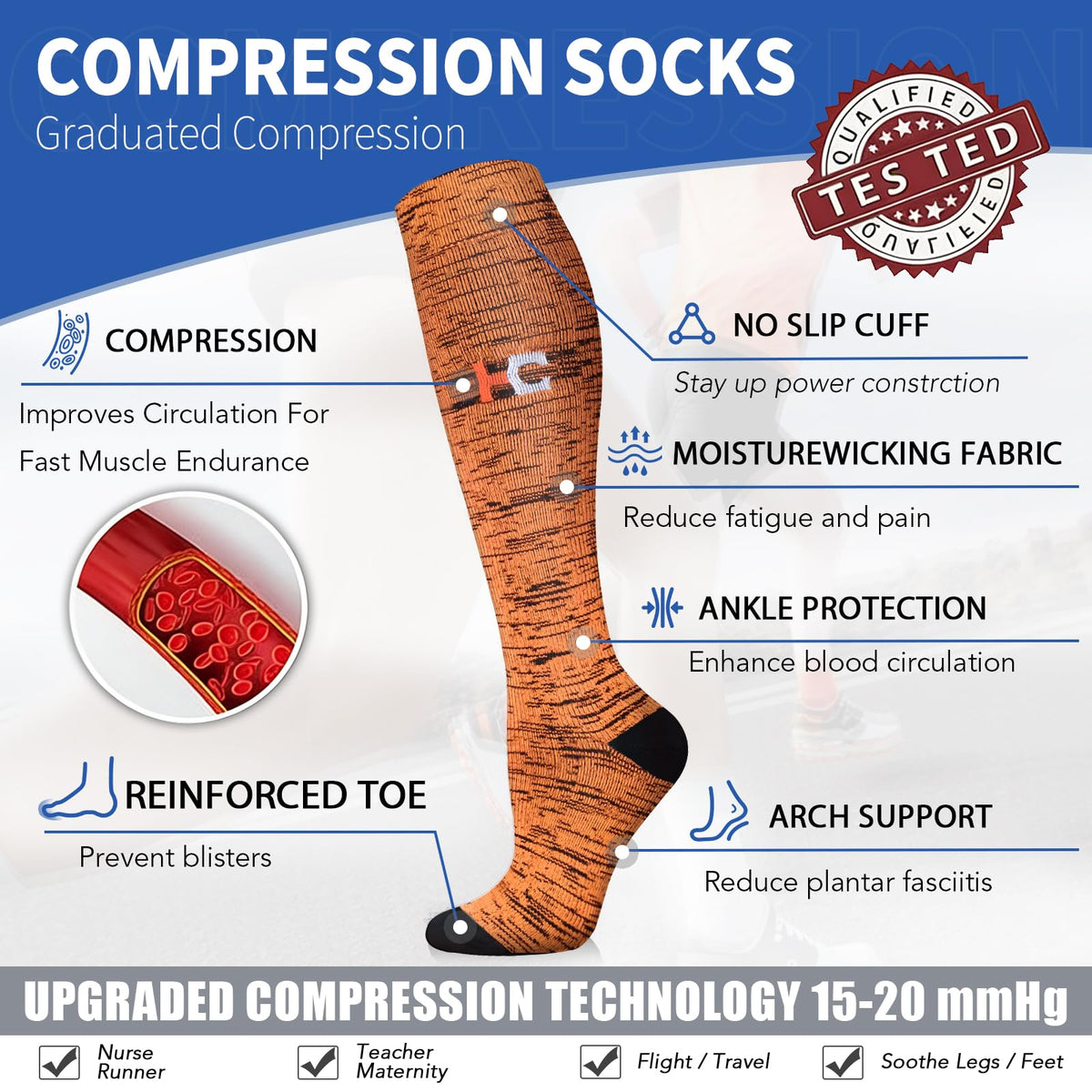 Graduated Medical Copper Compression Socks for Men & Women Circulation 8 Pairs 20-30mmHg - Best for Running Athletic Cycling
