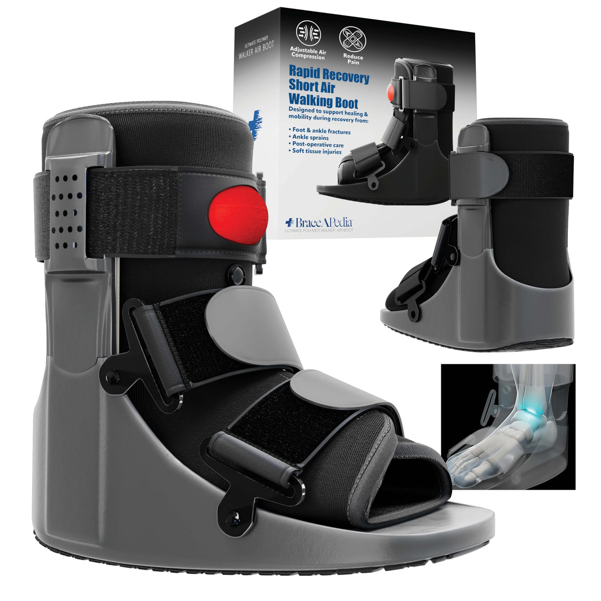 Braceapedia Youth Rapid Recover Short Walking Boot, Kids Fracture Boot, Kids Medical Grade Foot & Ankle Support Brace for Fractures, Adjustable Air Pump, Sprain & Injury Recovery, Black (X-Small)
