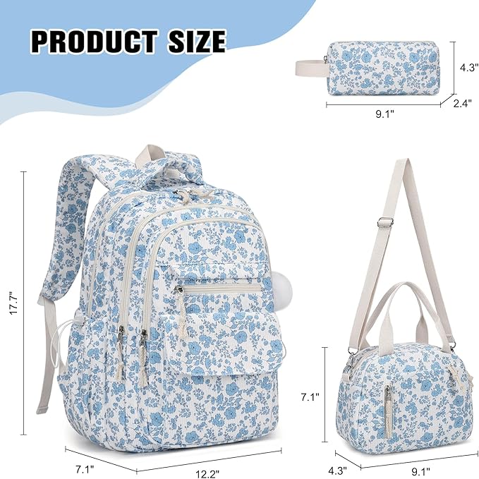 Bevalsa Backpack for Gilrs, 3PCS Corduroy Kids Backpack Set with Lunch Box & Pencil Pouch, Bookbag Daypack Laptop Bag for Women Teens Elementary Middle High School