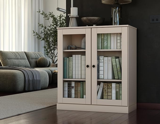 Palace Imports Solid Wood Bookcase - Floor Standing Bookshelf - 32” W - Display Furniture, Renewable 100% Eco-Friendly Wood, Made in Brazil (Beige, Clear Glass Doors | 3-Shelf Short Bookcase)