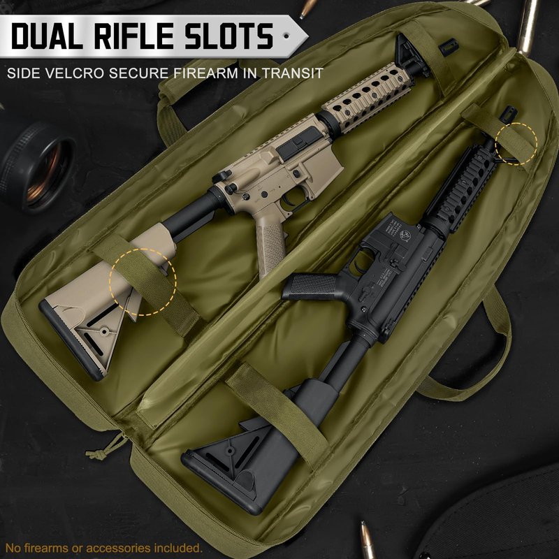 DULCE DOM Double Rifle Case, 38 42 44 inch Soft Gun Tactical Bag for Shooting Range, Movable Divider for 1 or 2 Gears, Multiple Magazine Pouches & Accessory Bags (Green, 42'')