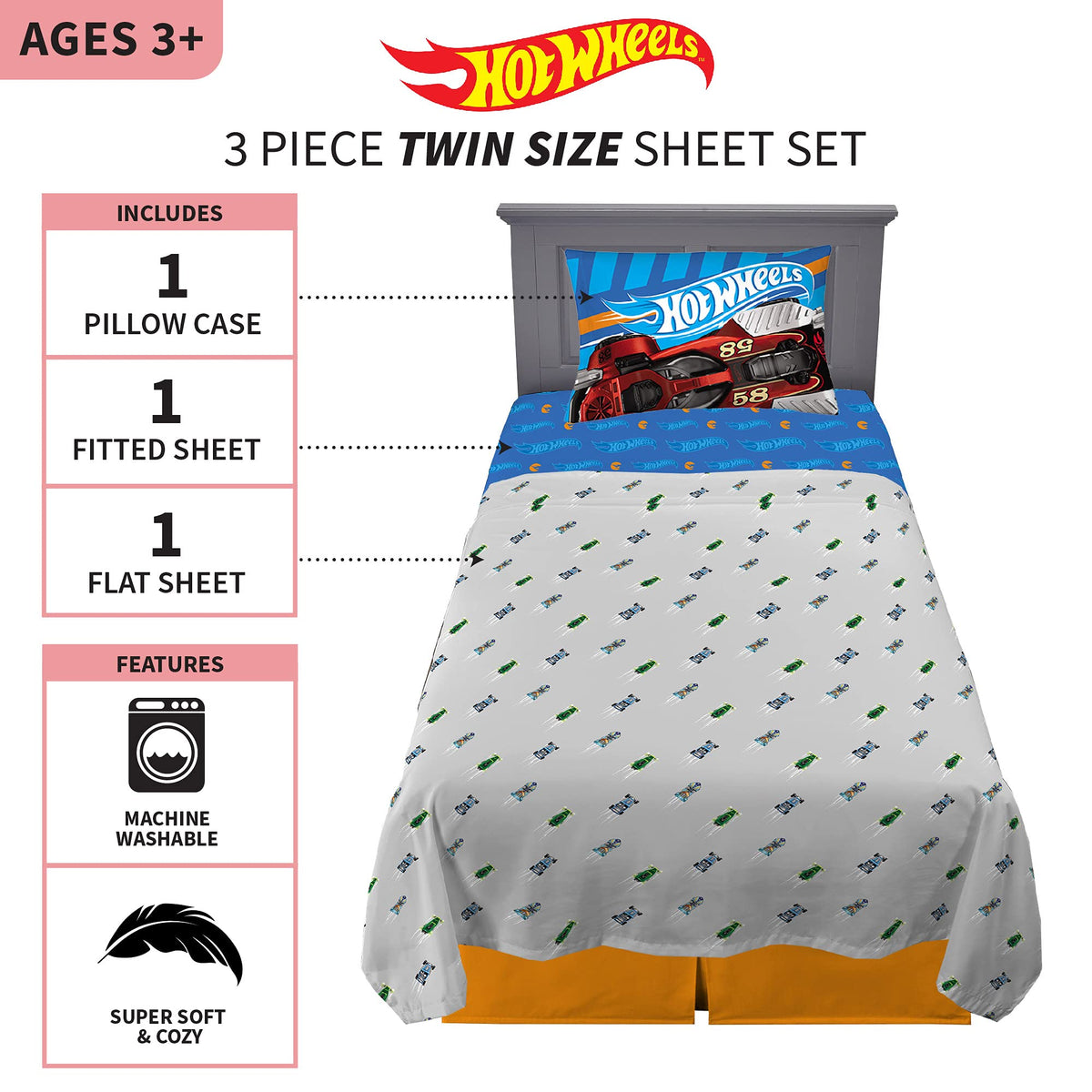 Franco Kids Bedding Super Soft Sheet Set, 3 Piece Twin Size, Hot Wheels
