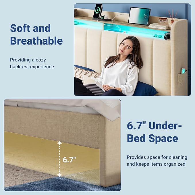 Allewie Vertical Tufted Queen Upholstered Platform Bed Frame with 2-Tier LED Storage Headboard & 2 Storage Drawers, USB & Type-C Charging Ports, Noise-Free/No Box Spring Needed, Beige