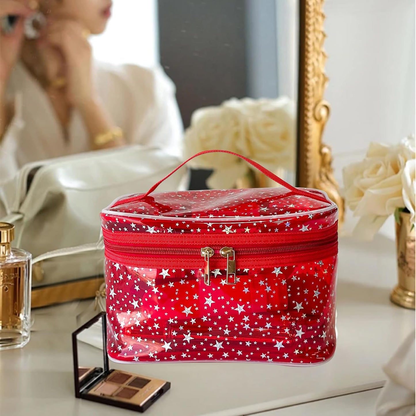 Holographic Makeup Bags Bulk,Clear Storage Bag Toiletry Pocket Portable Zippered Iridescent Pouch Waterproof Cosmetic Gift Bags for Women (Green-L)