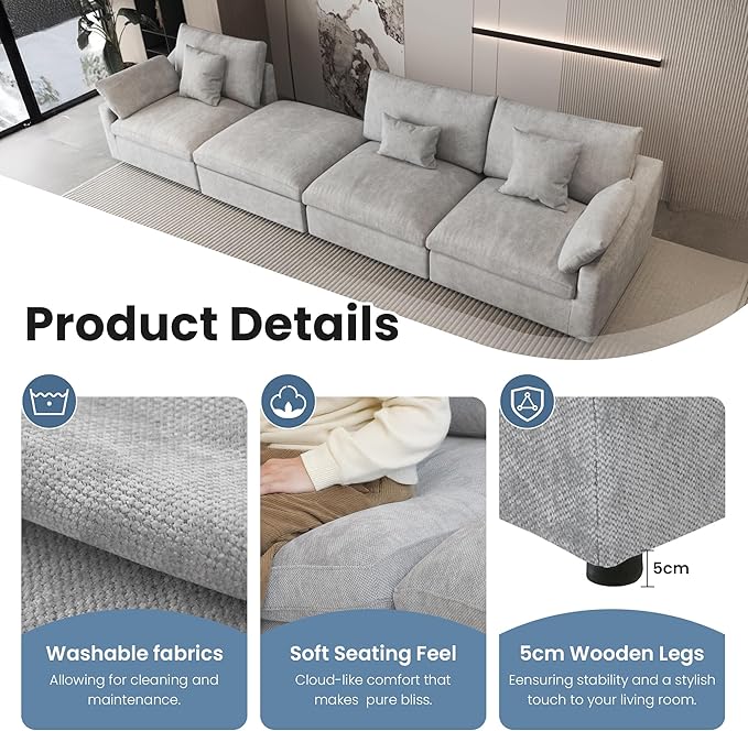 Modular Sectional Sofa,119inch V Shaped Down Filled Cloud Couch,5 Seater Convertible Sofa Living Room Set,Cover Washable and Replaceable Couches for Living Room,Gray