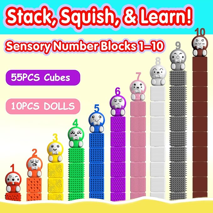 Number Learning Sensory Stacking Cubes: 65PCS Soft Number Counting Blocks for Toddlers Ages 3-6 - STEM Math Learning Toys with 1-10 Figurines, Preschool Sensory Activities for Kids Boys & Girls