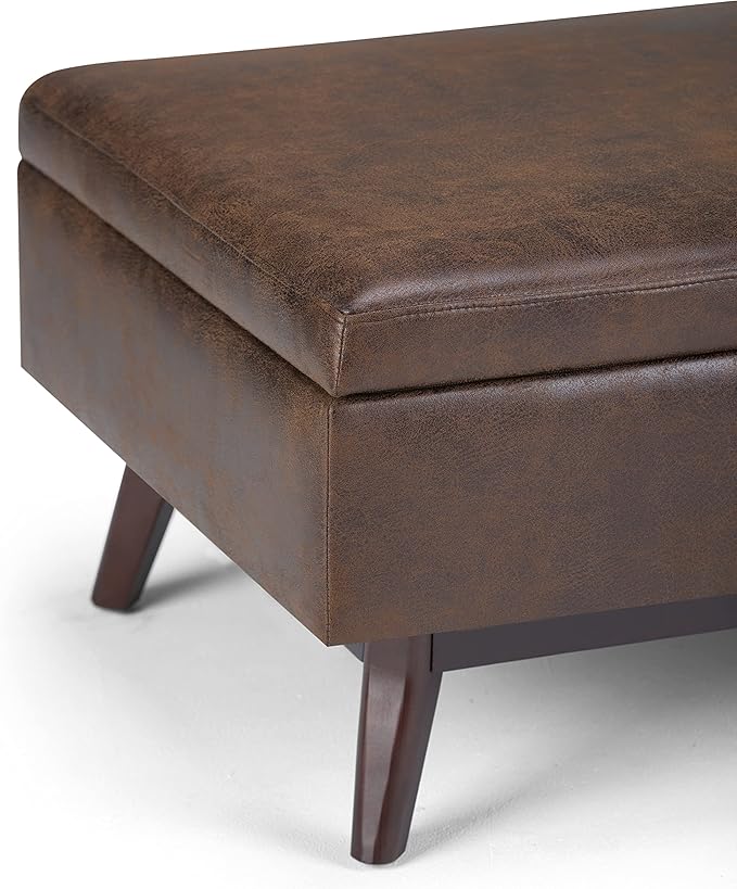 SIMPLIHOME Owen Coffee Table Storage Ottoman - 34 inch Wide Upholstered Vegan Leather Rectangular Lift-Top Ottoman in Distressed Chestnut Brown, Mid-Century Bench for Living Room with Tapered Legs