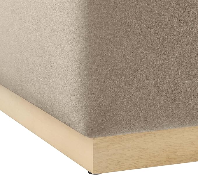 Modway Tilden 28 Inch Square Performance Velvet Upholstered Ottoman in Taupe Natural - Large Ottoman Foot Rest with Rubberwood Plinth Base, Living Room Ottoman Coffee Table - Velvet Ottoman Table
