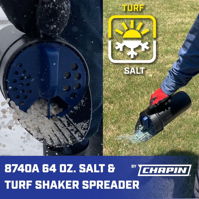 Chapin 8740A: 64-Ounce Black Poly Hand Shaker Spreader for Turf, Fertilizer, Grass Seed, Salt and Sand, Year-Round Use, Large Grip Handle with 3 Openings for Pellets and Particles